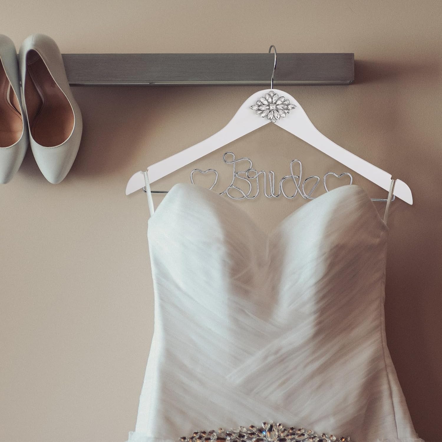 Wood Bridal Hanger for Wedding Dress,White,Rhinestone