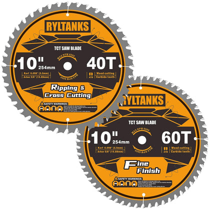 10 Inch Table Saw Blade/Miter Saw Blade, 5/8" Arbor, 40T for Ripping, Cross Cutting&60T for Fine Finish Wood Cutting