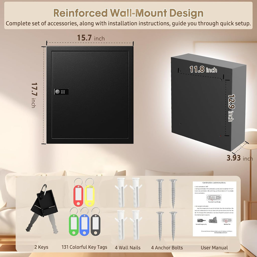 Lock Key Cabinet with Storage: 131-Keys Steel Wall Mount Key Cabinet Organizer - Large Storage and Secure Combination