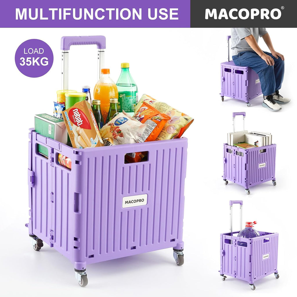 Foldable Utility Cart Folding Portable Rolling Crate Handcart with Durable Heavy Duty Plastic Telescoping Handle