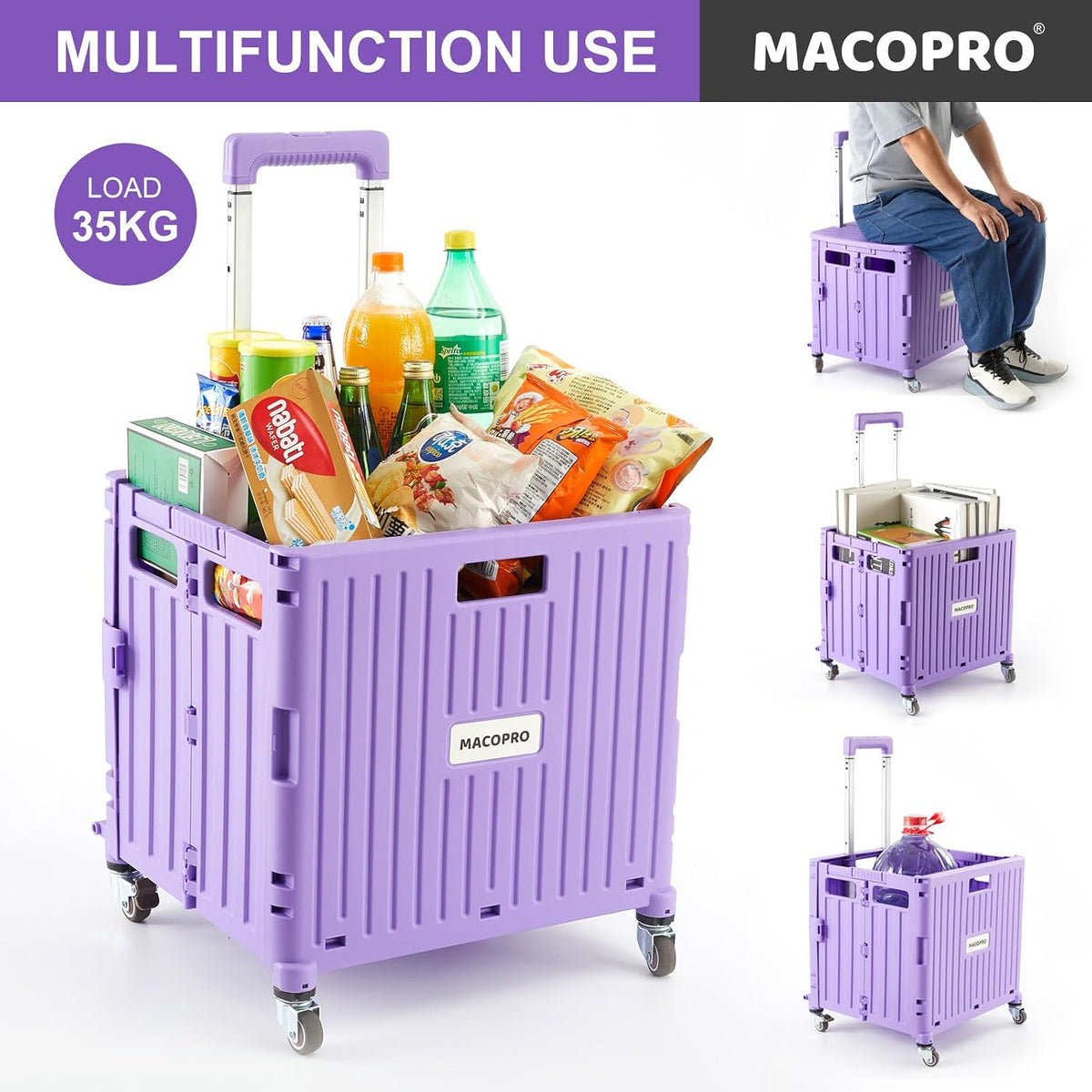 Foldable Utility Cart Folding Portable Rolling Crate Handcart with Durable Heavy Duty Plastic Telescoping Handle