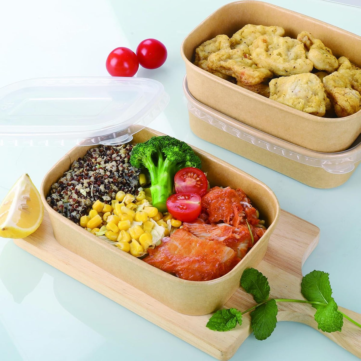 50 Sets 17oz Disposable Kraft Paper Bowls with Lids, Rectangle