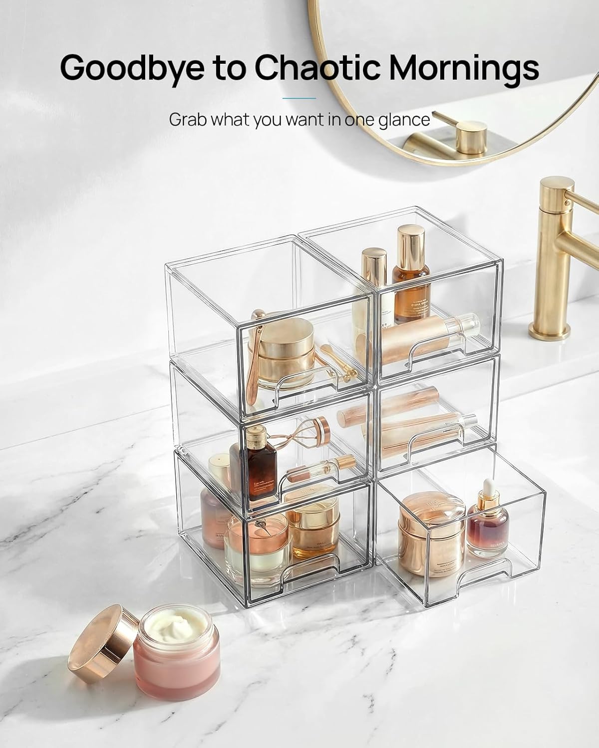 4 Pack Small Clear Stackable Storage Drawers,Acrylic Bathroom Makeup Organizer,Plastic Storage Bins For Vanity