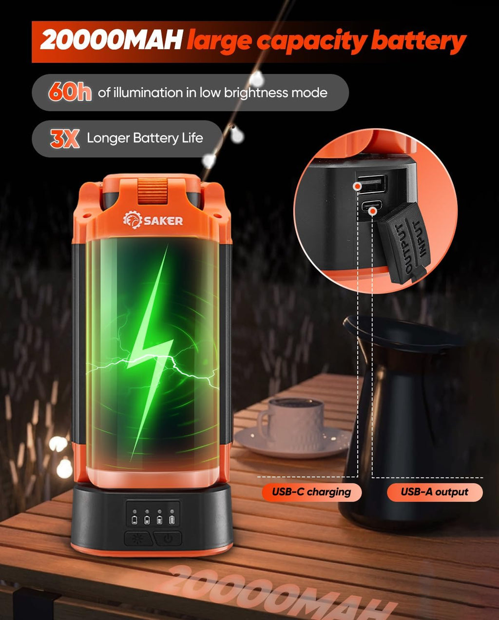 Portable Camping Light with Stand 73inch 20000mAh Rechargeable LED Work Lights 3200 Lumen 4000/6500K Emergency Lights
