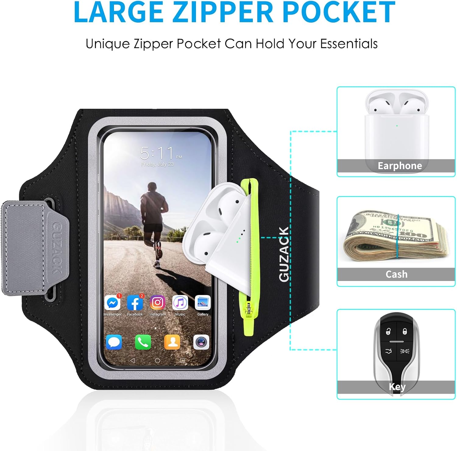 Running Armband for iPhone 17 16 15 14 13 12 Pro Max/Plus/XR/XS, Galaxy S25/S24/S23/S22, with Card Slot & Key