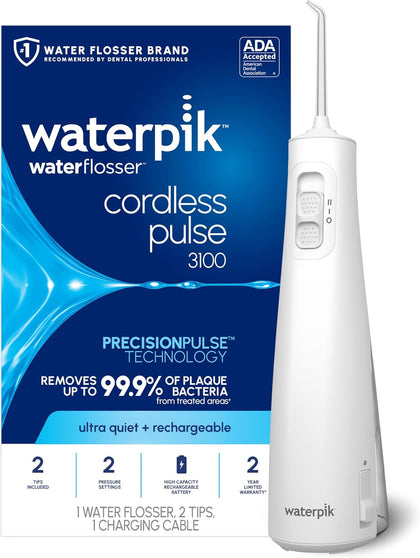 Cordless Pulse 3100 Rechargeable Portable Water Flosser for Teeth, Gums, Braces Care and Travel with 2 Flossing Tips