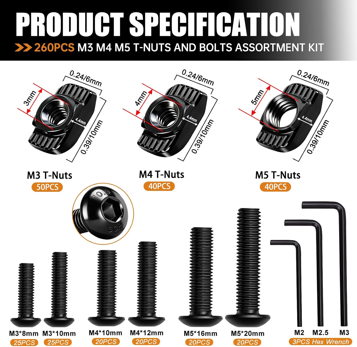 260PCS M3 M4 M5 T-Nuts Screws Assortment Kit 10.9 Grade Alloy Steel Metric Hex Button Head Cap Screws for