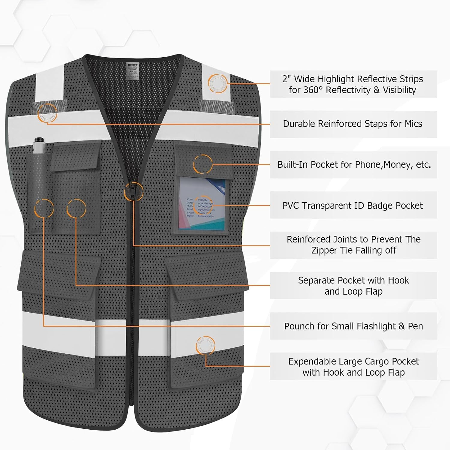 Mesh Safety Vest for Men 5 Pockets Hi Vis Reflective Vest, Grey L | Class 2 Hi Vis Vest for Construction Work with