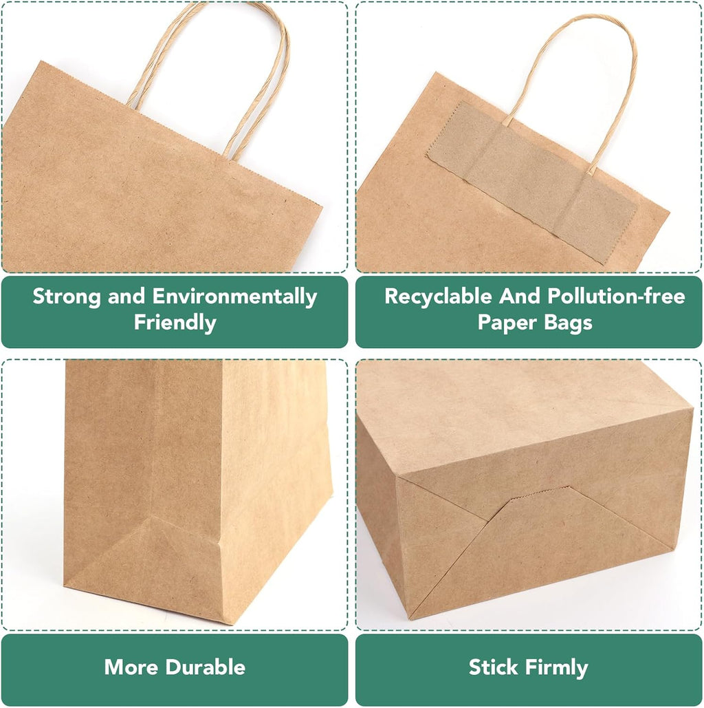 Brown Paper Bags with Handles, 100Pcs 8x4.5x10In Kraft Paper Bag