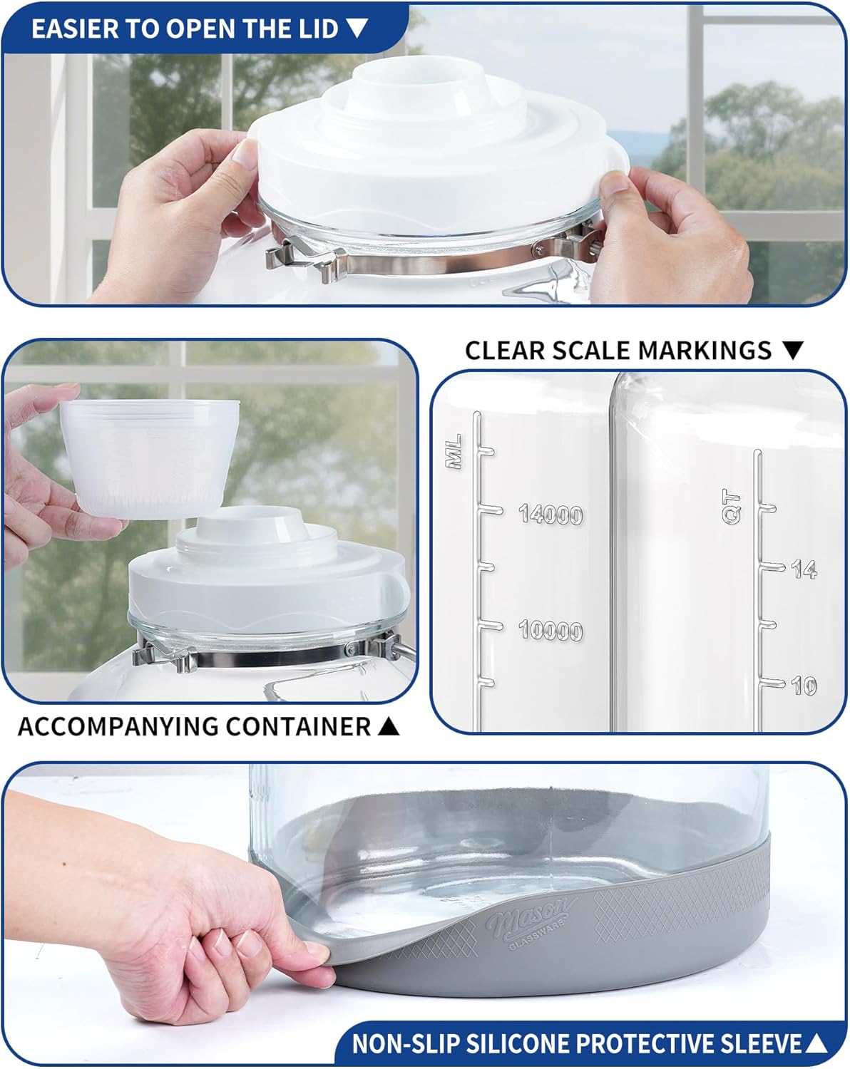 5 Gallon Glass Fermentation Jar with Wide Mouth, Stainless Handles, 1 Pack | Airtight Seal, Airlock Included, Quart &