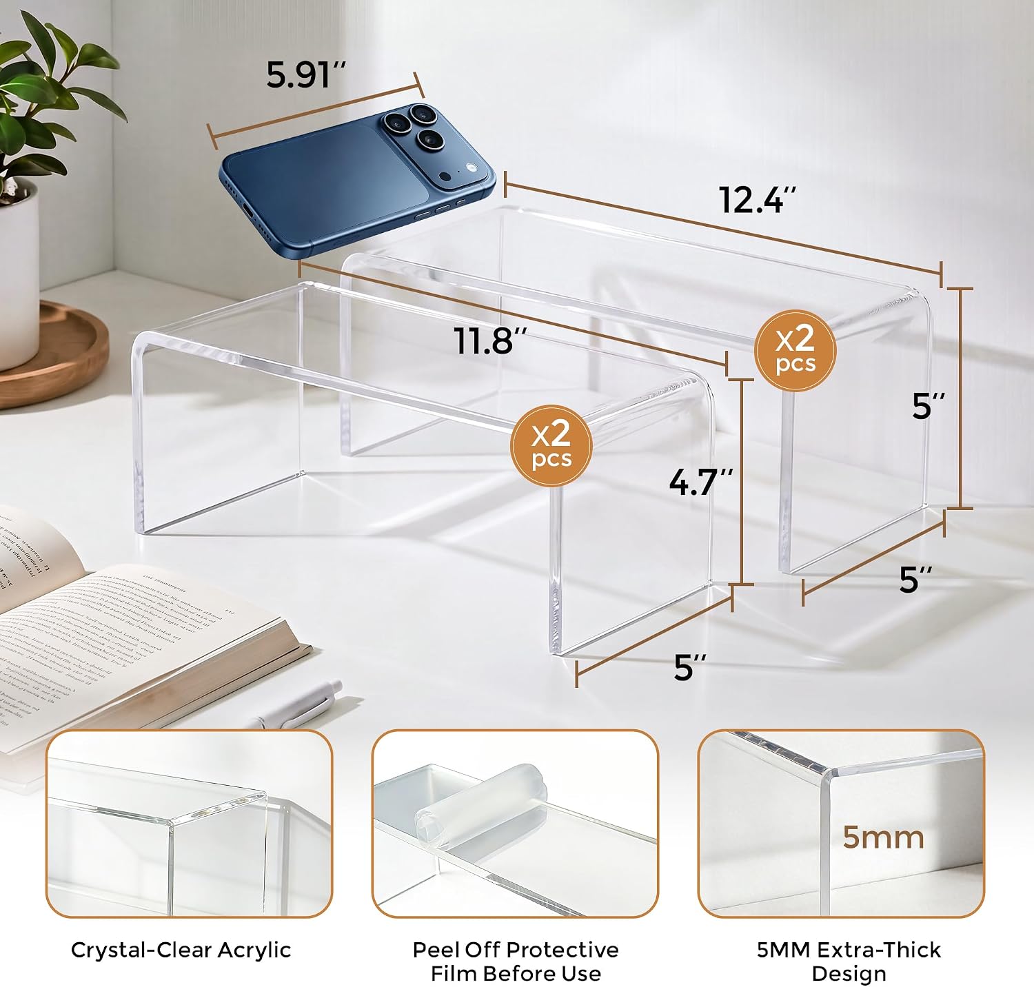 Large Acrylic Risers, 4 Pack Clear Display Risers, 5mm Thick | Clear Acrylic Display Stands, Collectibles & Figures