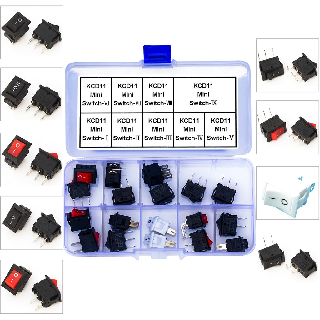 Rocker Switch PCB Switch Assortment Kit,KCD11 Mini Rocker Switch 2Pin 3Pin ON/Off Switch Panel Mount Latching Rocker Switch for Electronic Applications (KI-RK-KCD11)