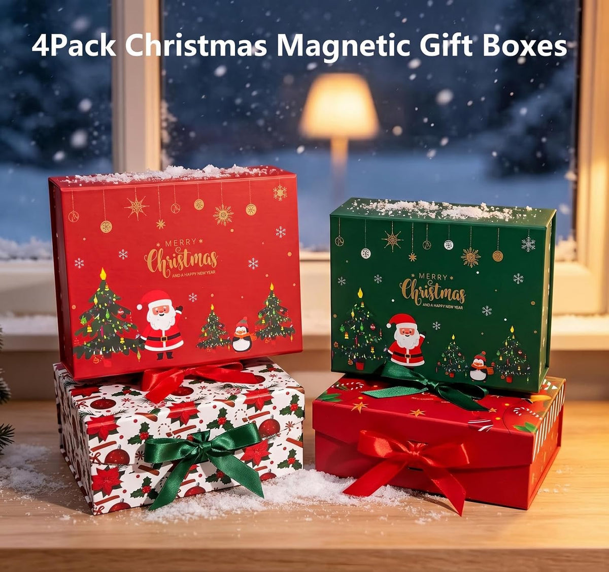 4Pack Christmas Magnetic Gift Boxes, Assorted 4 Different Xmas Designs Foldable Gift Boxes with Ribbons & Christmas