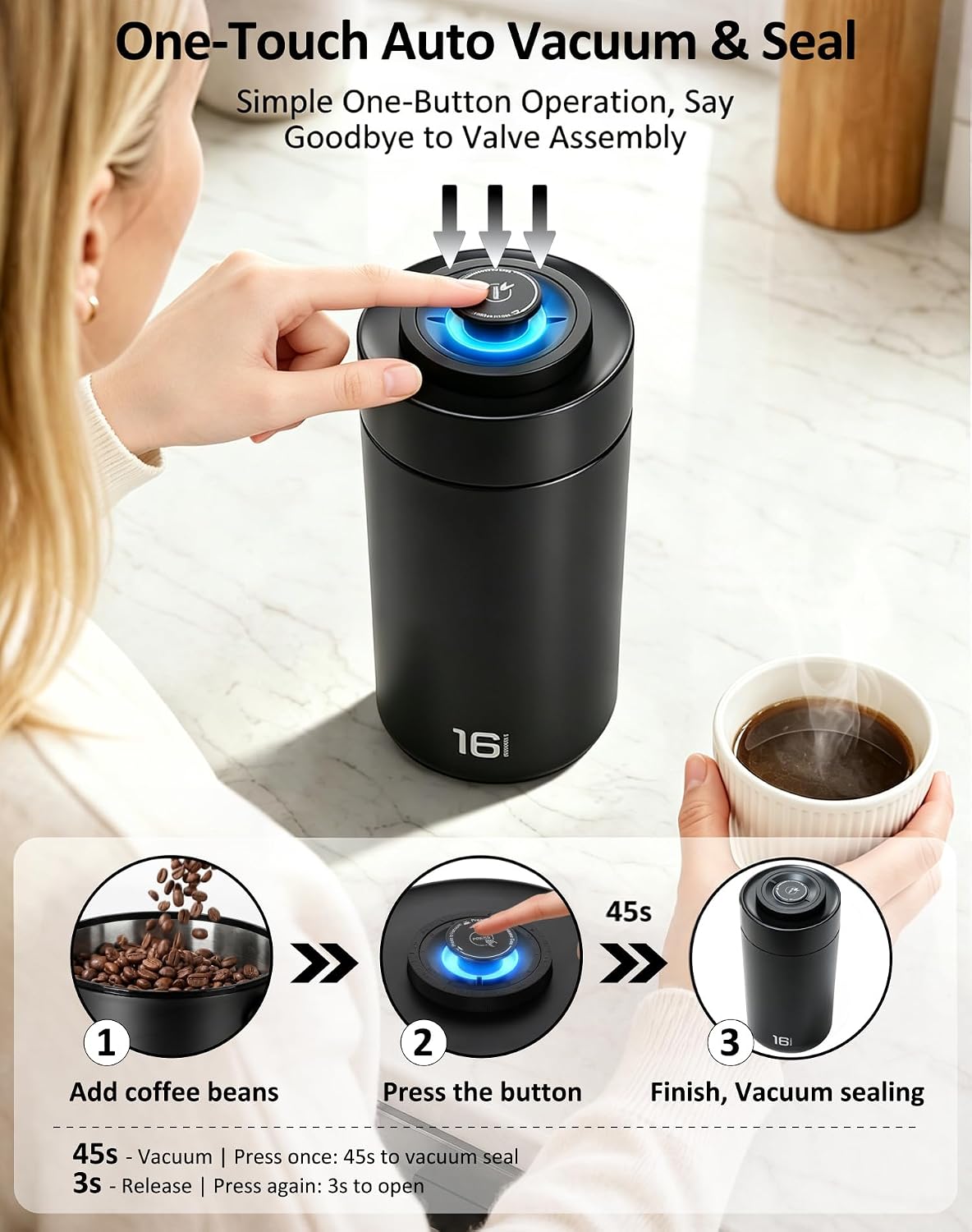 Auto Vacuum Coffee Canister, Rechargeable Airtight Coffee Container with 304 Stainless Steel Inner, Scoop, Sealed