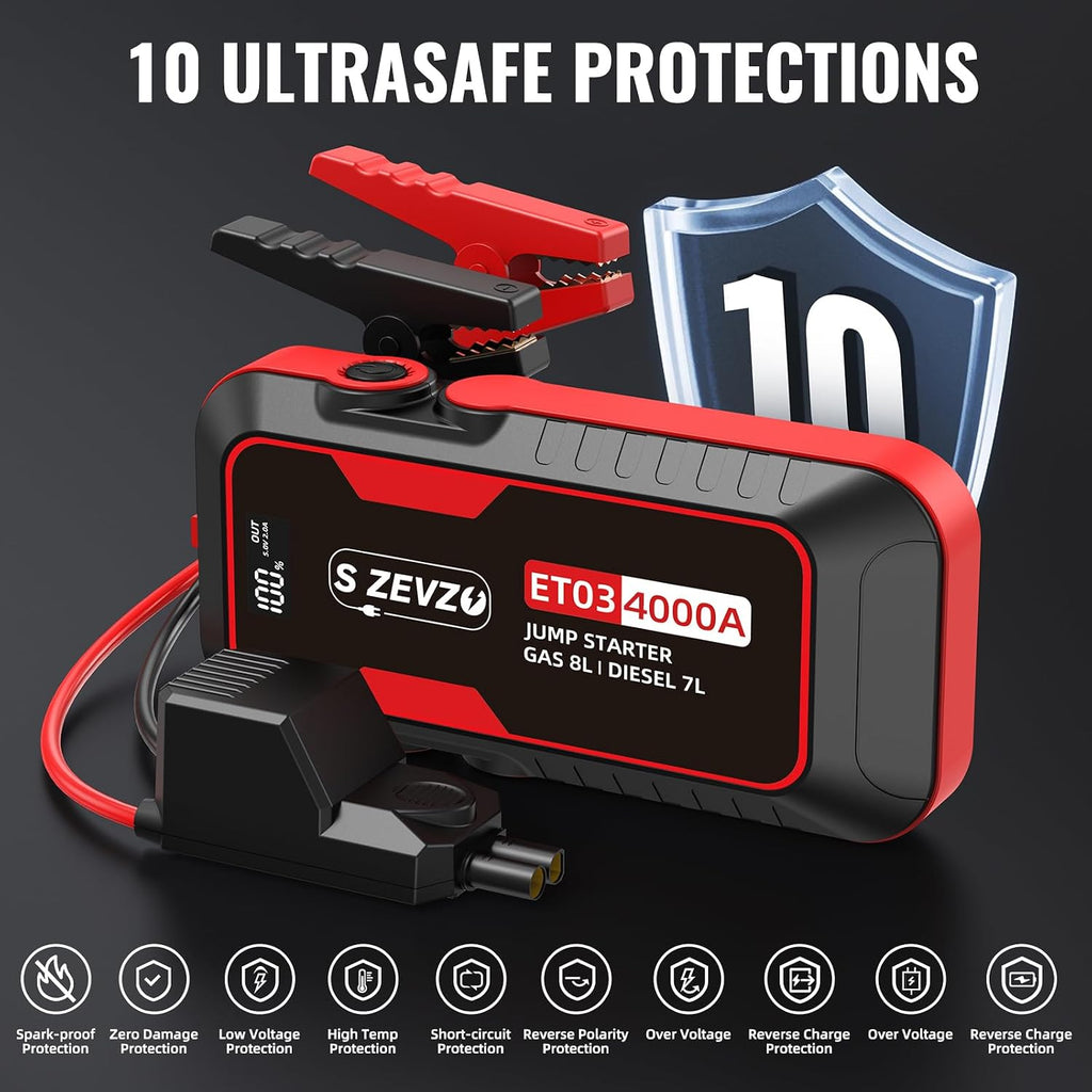 ET03 Car Jump Starter 4000A Jump Starter Battery Pack for Up to 8.0L Gas and 7.0L Diesel Engines, 74Wh Portable 12V