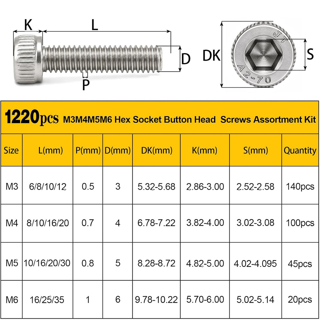 1220PCS M3 M4 M5 M6 Metric Hex Socket Head Screws Assortment Kit