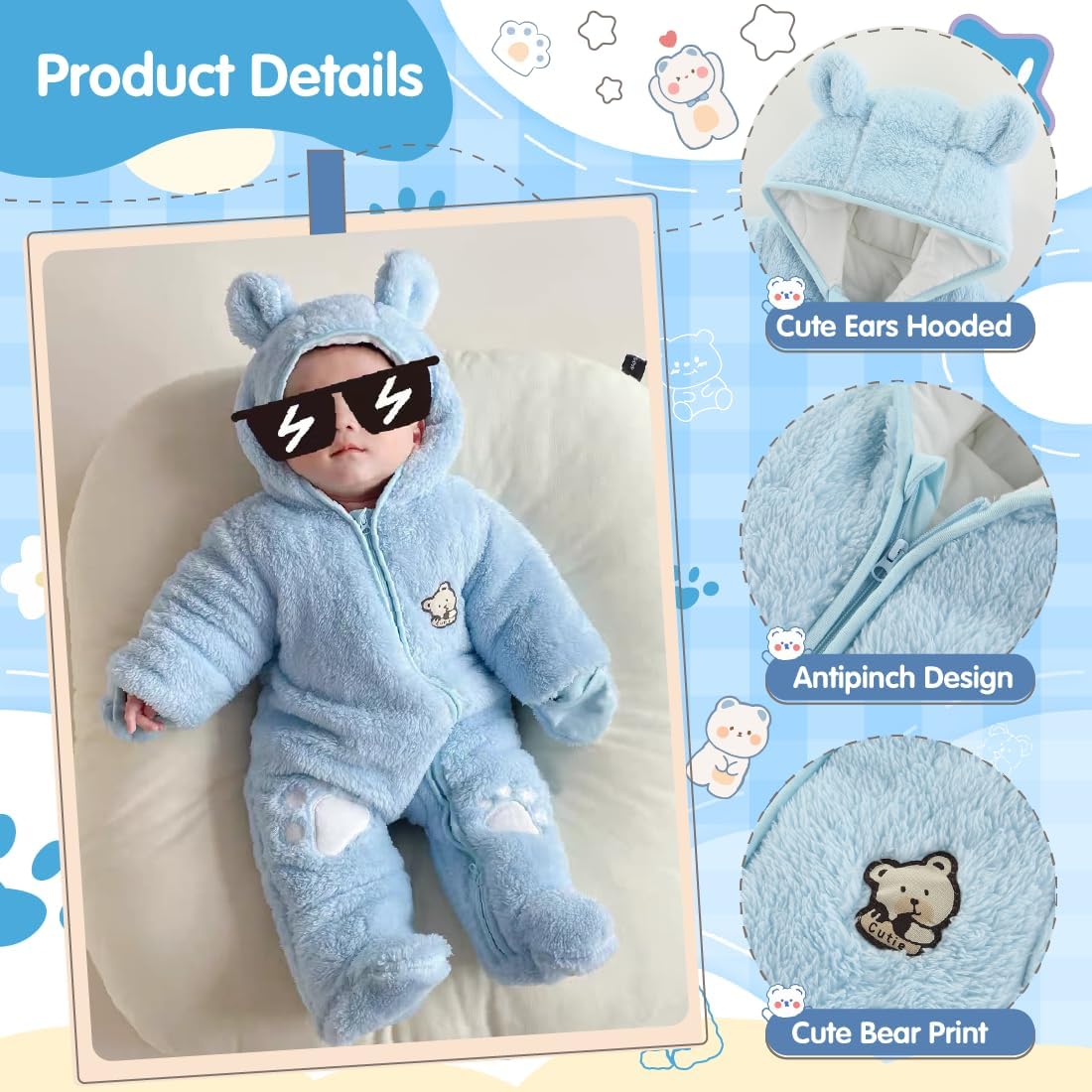 Newborn Baby Snowsuit Bear Outfit Footie Romper Winter Thick Fleece Jumpsuit Infant Coat for Girls Boys 0-12M