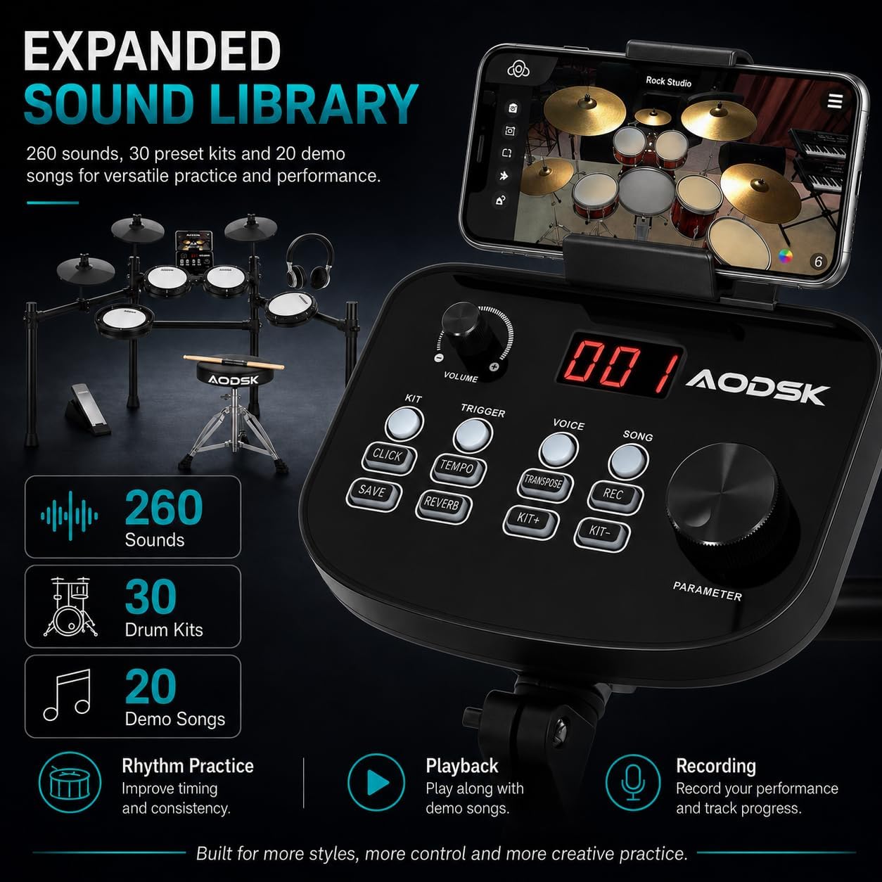 Electronic Drum Set, Professional Mesh Drum Pads, Upgraded Sound Module 260 sounds/30 Kits/20 Songs,Includes