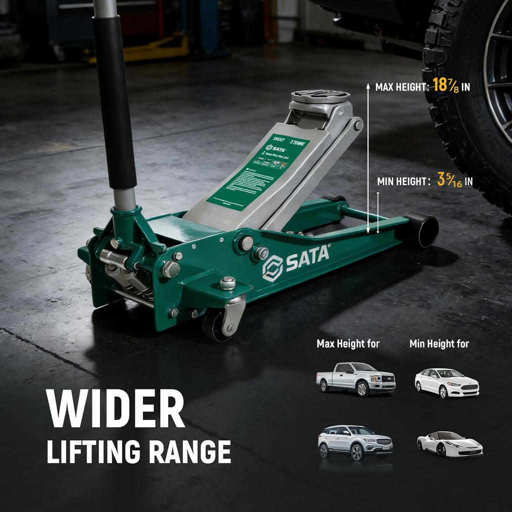 3-Ton (6,600 lb) Heavy-Duty Steel Floor Jack Ultra-Low Profile Design (2-11/16” Height) with Dual-Piston Quick Lift