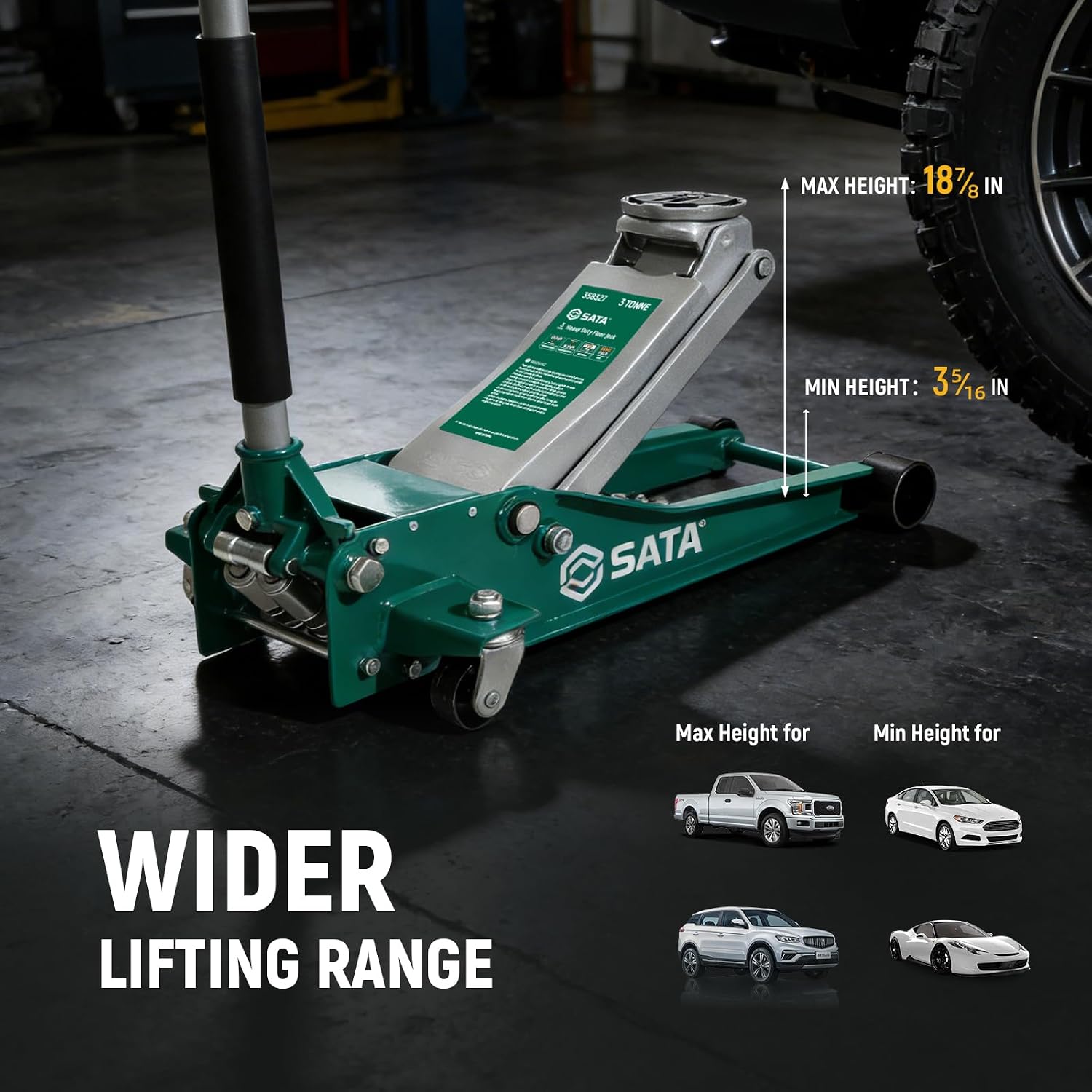 3-Ton (6,600 lb) Heavy-Duty Steel Floor Jack Ultra-Low Profile Design (2-11/16” Height) with Dual-Piston Quick Lift