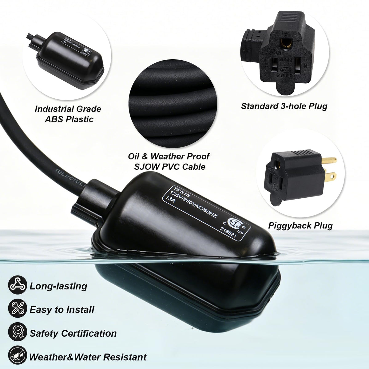 Universal Sump Pump Float Switch with Piggyback Plug and 20ft Cord,13A/125V