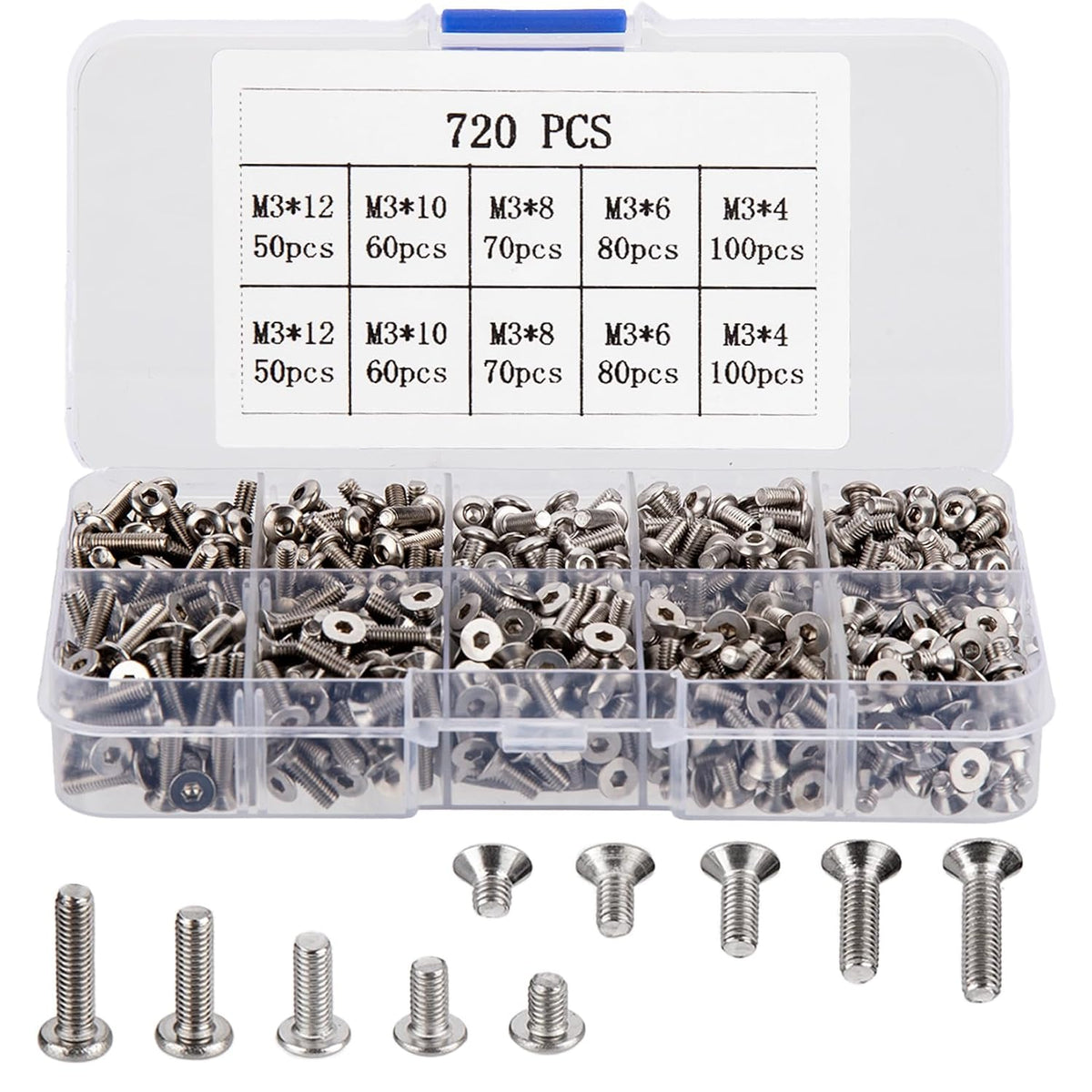 720 Pcs M3 Hex Socket Cap Bolts Screws Assortment Kit, Pan Head & Flat Head Hex Button Head Screws Assorted Stainless Steel, M3x(4mm/6mm/8mm/10mm/12mm) (Silver)