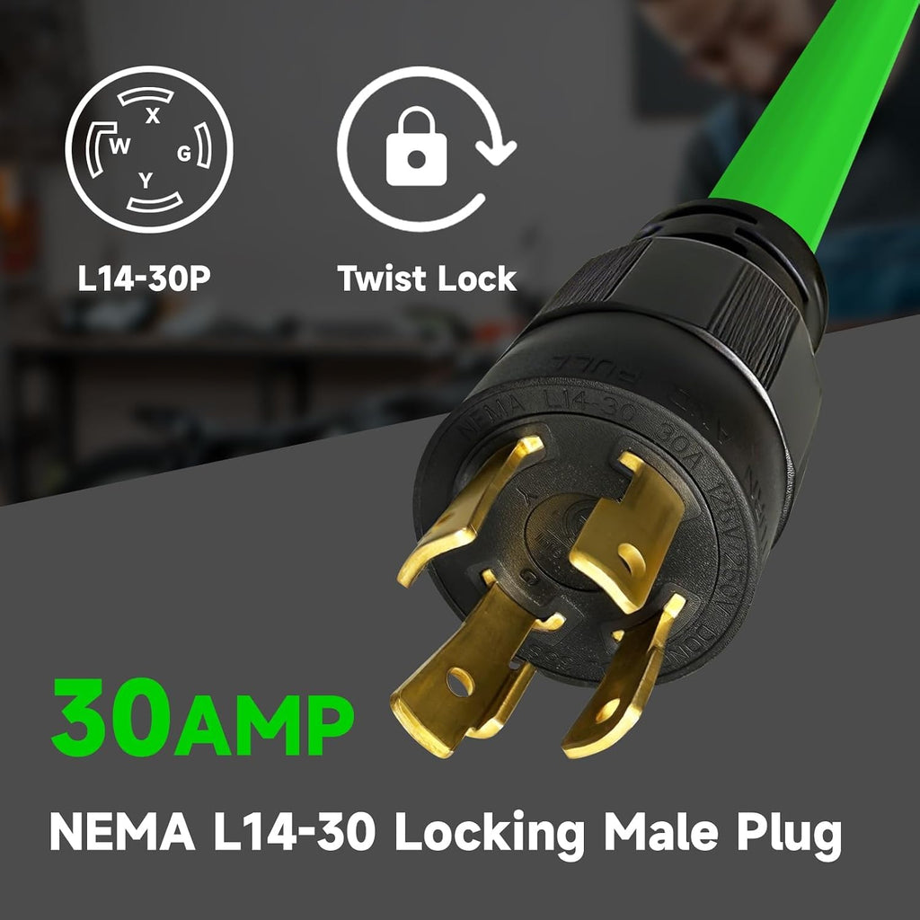 25 Ft 10/4 30-Amp Generator Outdoor Extension Cord, L14-30P/R, Green | 10 Gauge SJTW 4-Prong 125/250V 7500W NEMA