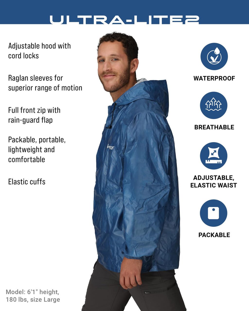 Men's Ultra-lite2 Waterproof Breathable Rain Jacket, Blue, Medium