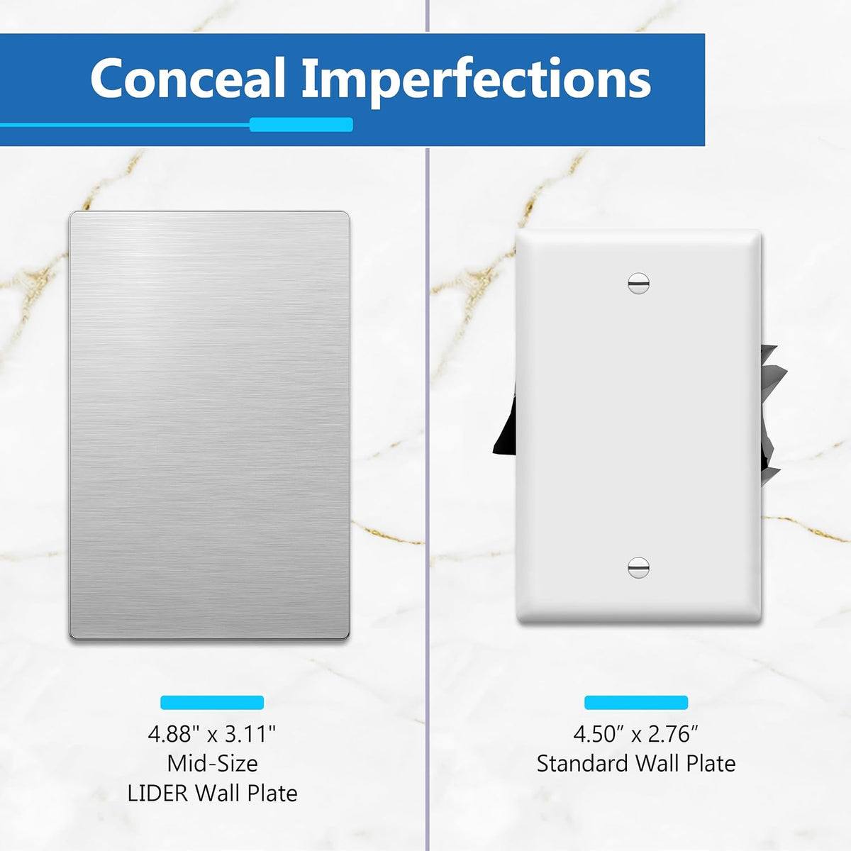 LIDER Blank Screwless Metal-Surface Wall Plate, Upgrade, Mid-Size 1-Gang