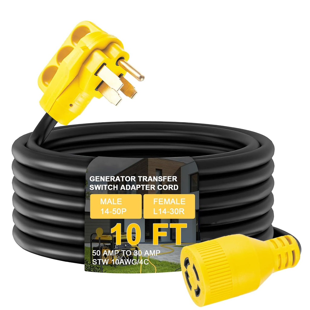 10ft NEMA 14-50P to L14-30R Generator Transfer Switch Adapter Cord | 240V/120V 50 Amp Male to 30 Amp Female Twist