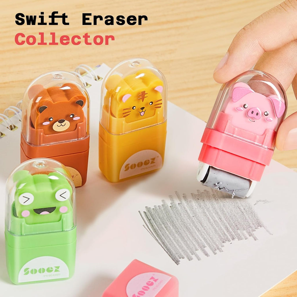 12 Pack Pencil Erasers, Cute Animal Eraser with Clean up Roller and Cover, Latex-Free, Bulk Art Drawing Erasers for