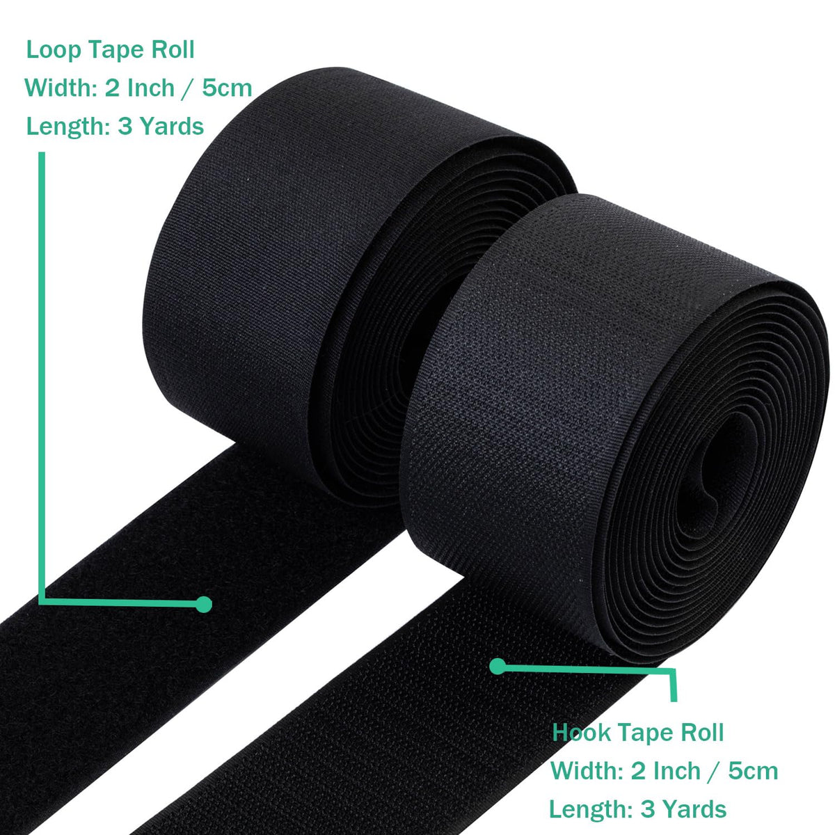2 Inch Sew on Hook and Loop Strips, Black, 3 Yards