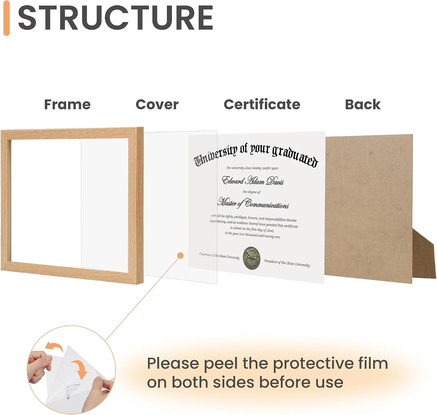 Certificate Frame, 8.5 by 11 Diploma Frames, 1 Pack, Natural | Clear Plexiglass, 8.5x11 Document Degree Frames for