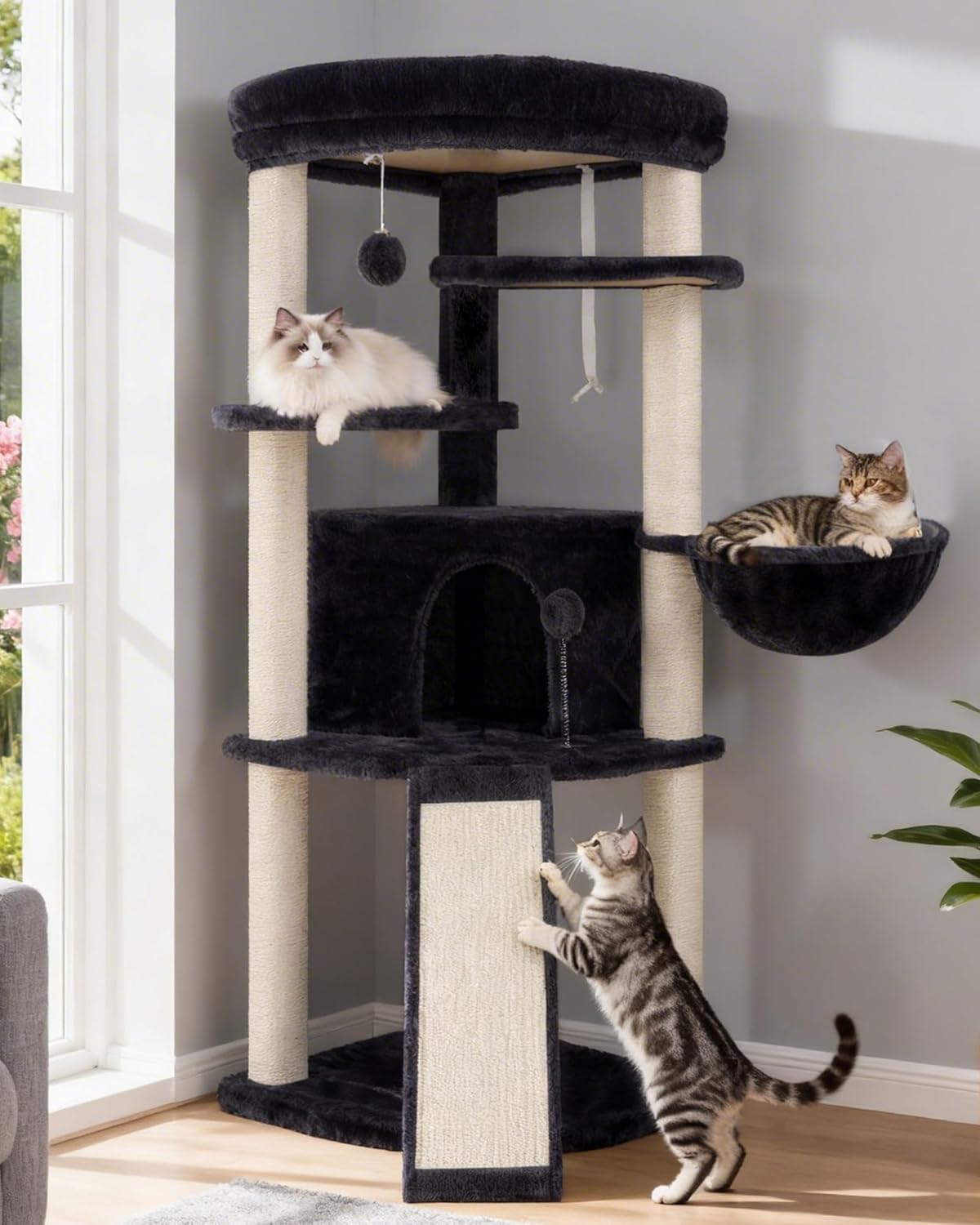 Corner Cat Tree for Indoor Cats, Cat Tower with All Sisal Scratching Posts, Multi-Level Cat Condo wth Cat Cave, Large