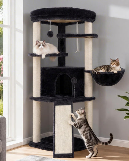 Corner Cat Tree for Indoor Cats, Cat Tower with All Sisal Scratching Posts, Multi-Level Cat Condo wth Cat Cave, Large