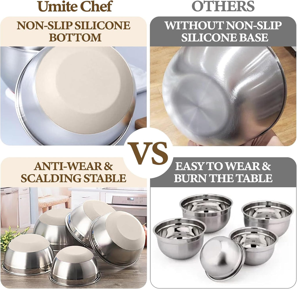 Mixing Bowls with Airtight Lids Set, 8PCS Stainless Steel Nesting Bowls with Grater Attachments, Non-Slip Bottoms, 5