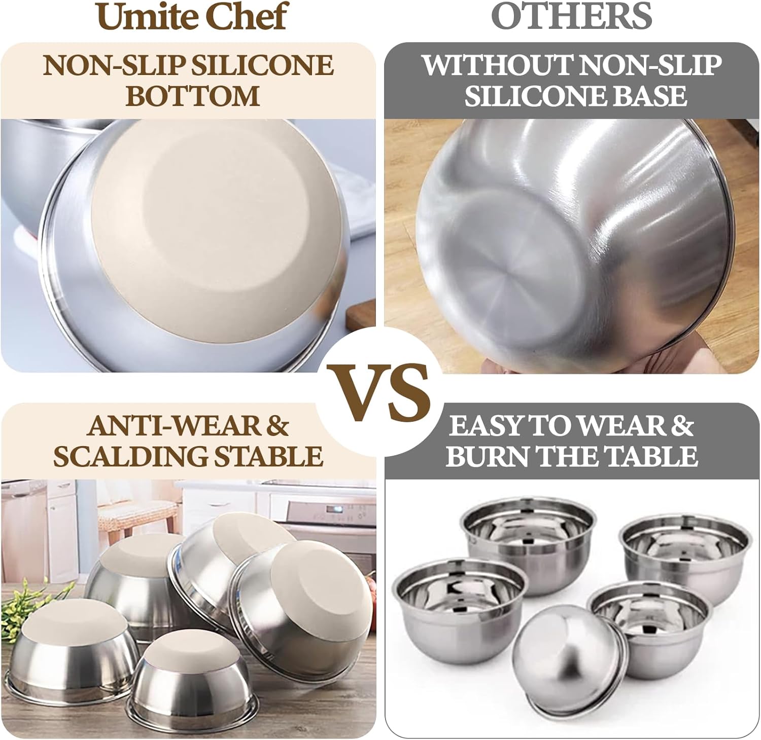 Mixing Bowls with Airtight Lids Set, 8PCS Stainless Steel Nesting Bowls with Grater Attachments, Non-Slip Bottoms, 5