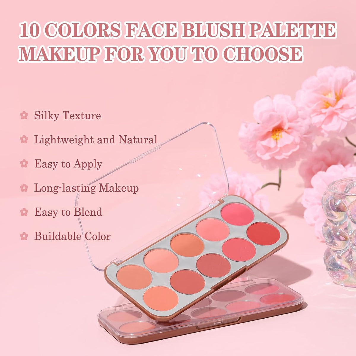 10-Color Blush Palette, Buildable Long-Lasting Powder Blush (02 SET)