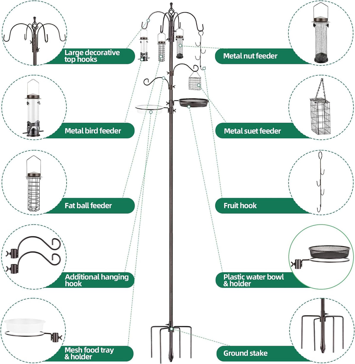 Bird Feeding Station Kit Pole Wild Bird Feeder Hanging Planter Hanger Multi Feeder Hanging with Metal Suet Feeder
