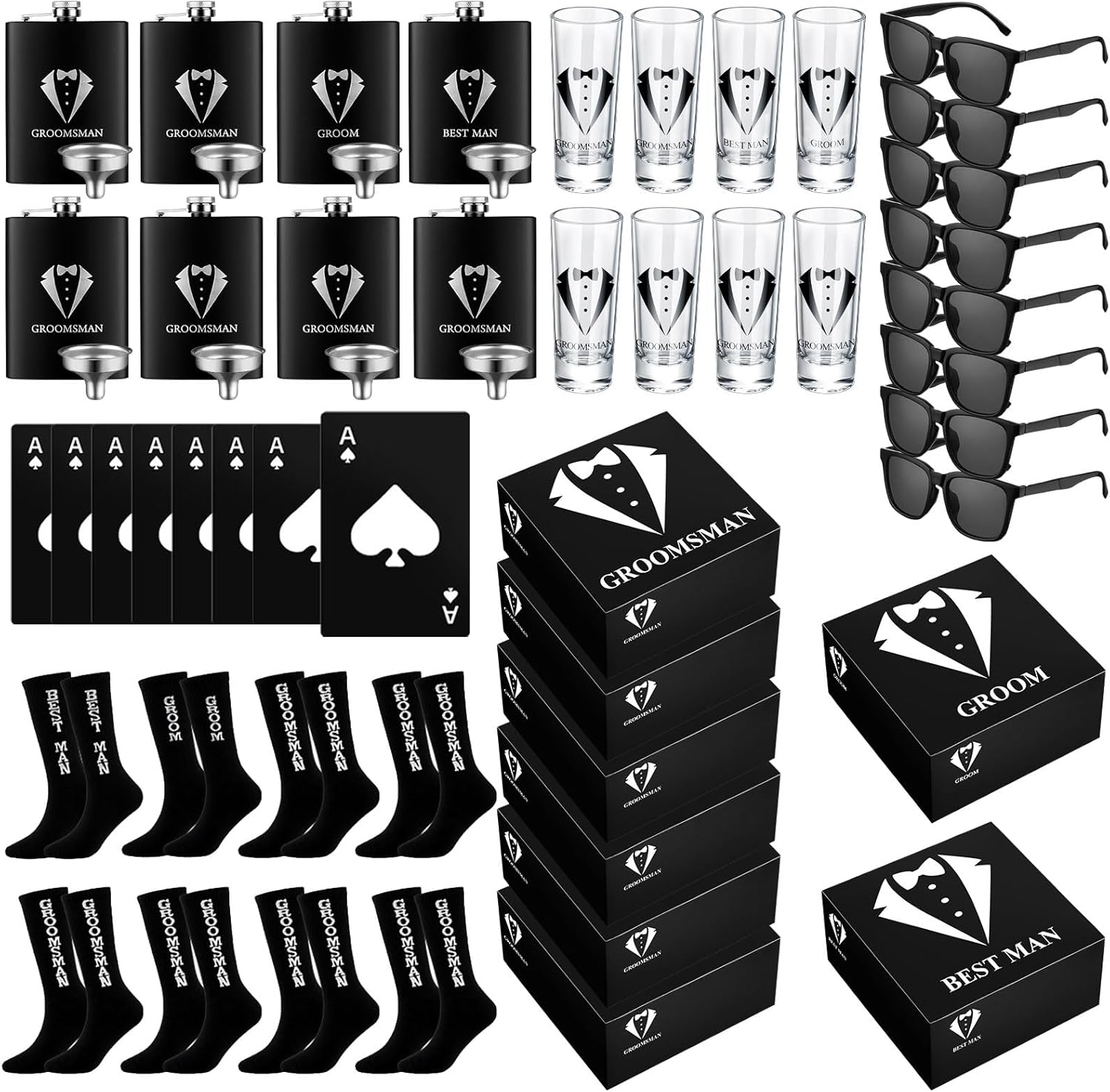 48 Pcs Groomsmen Gifts Box Set Groomsmen Box Stainless Steel Flask Shot Glasses Beer Bottle Poker Card Opener