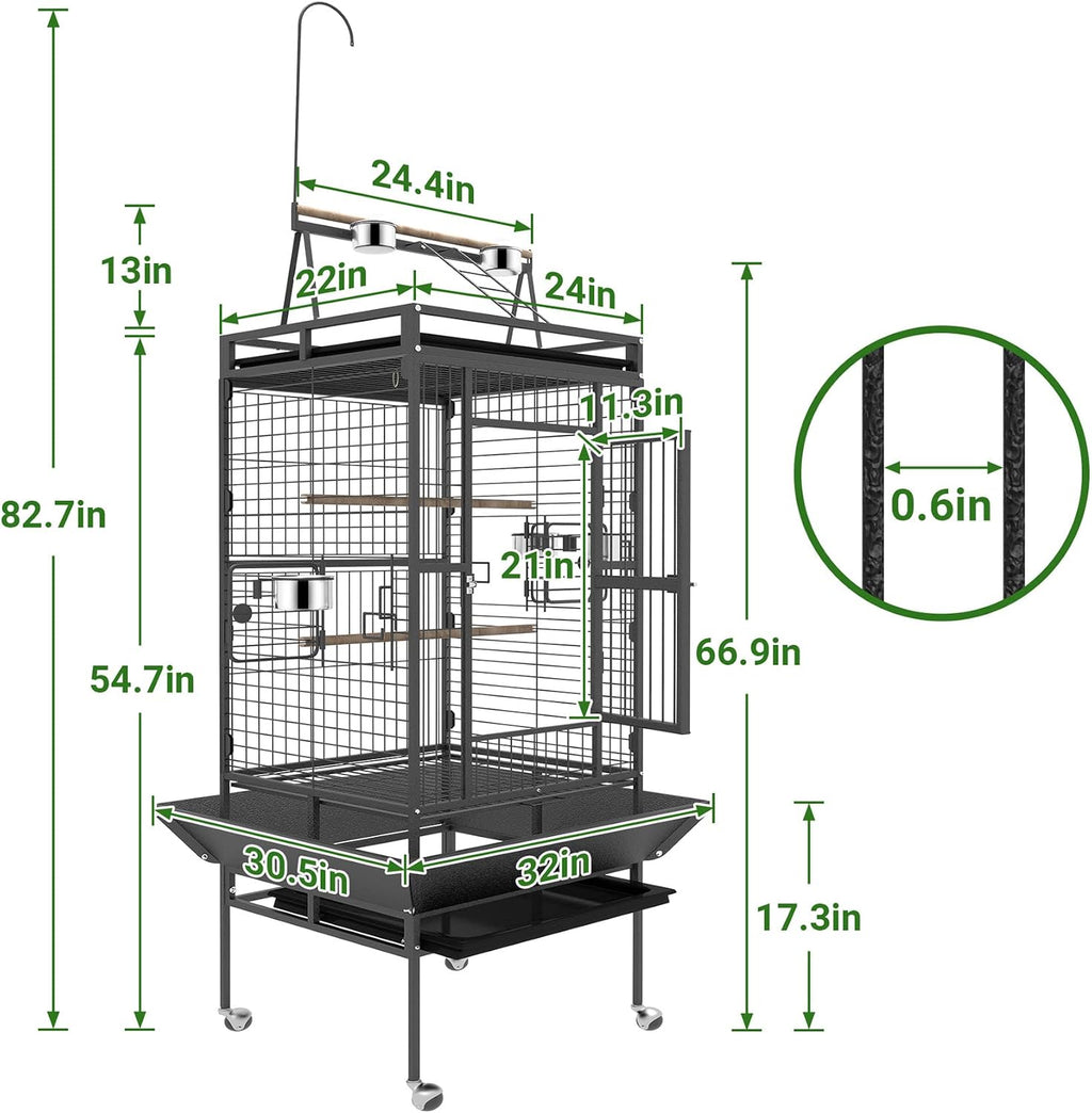 82 Inch Bird Cage, BOINN Bird Flight Cages with Rolling Stand & Bottom Tray, Wrought Iron Parrot Cage with PlayTop