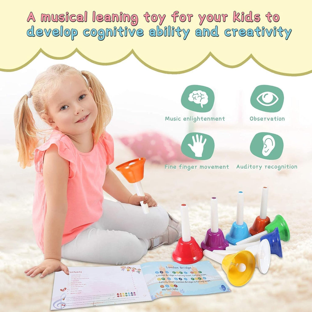 Hand Bells, 8 Note Musical Handbells Set with 17 Songbook Musical Toy Percussion Instrument for Toddlers Children