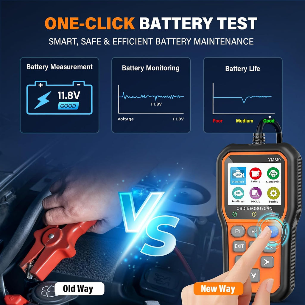 YM319 OBD2 Scanner Diagnostic Tool with Battery Tester, Scan Tool | Check Engine Fault Code Reader with Live Data