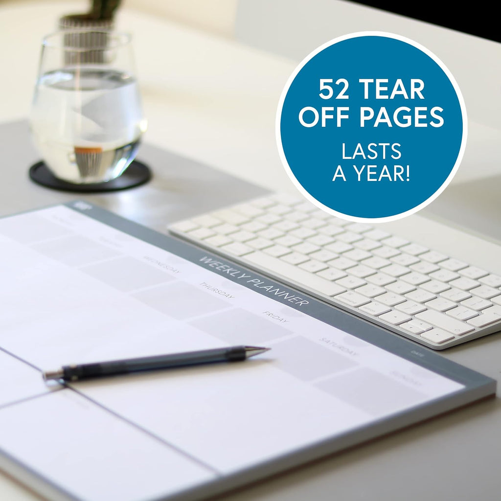 Weekly Desk Planner - Large 11.3” x 16.5” Tear-Off Pad, 52 Undated Sheets, Thick 120gsm No-Bleed Paper - To-Do List