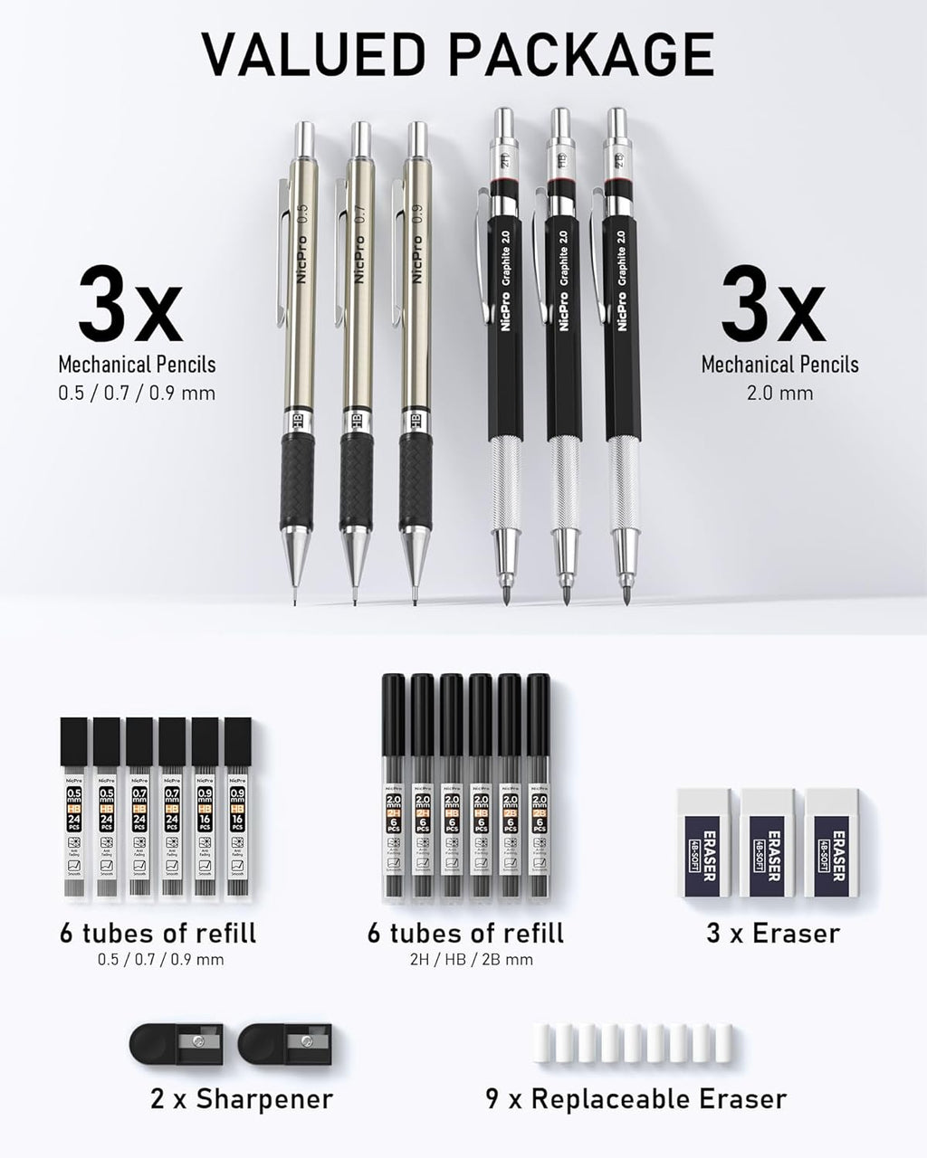 6PCS Art Mechanical Pencil Set, 3PCS Metal Drafting Pencil 0.5 mm & 0.7 mm & 0.9 mm & 3PCS 2mm Graphite Lead Holder
