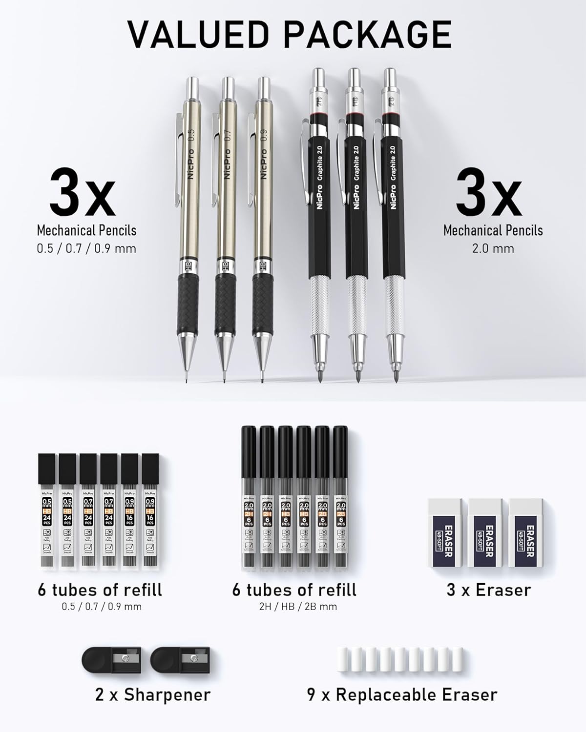 6PCS Art Mechanical Pencil Set, 3PCS Metal Drafting Pencil 0.5 mm & 0.7 mm & 0.9 mm & 3PCS 2mm Graphite Lead Holder