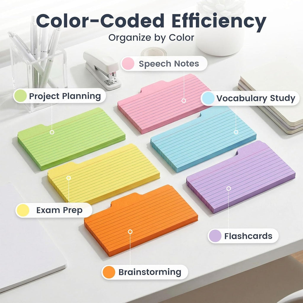 252PCS Index Cards 3x5, Colored Flash Card Dividers with Tabs | 150gsm Paper, 6 Colors, Notecards Memo Scratch Pad