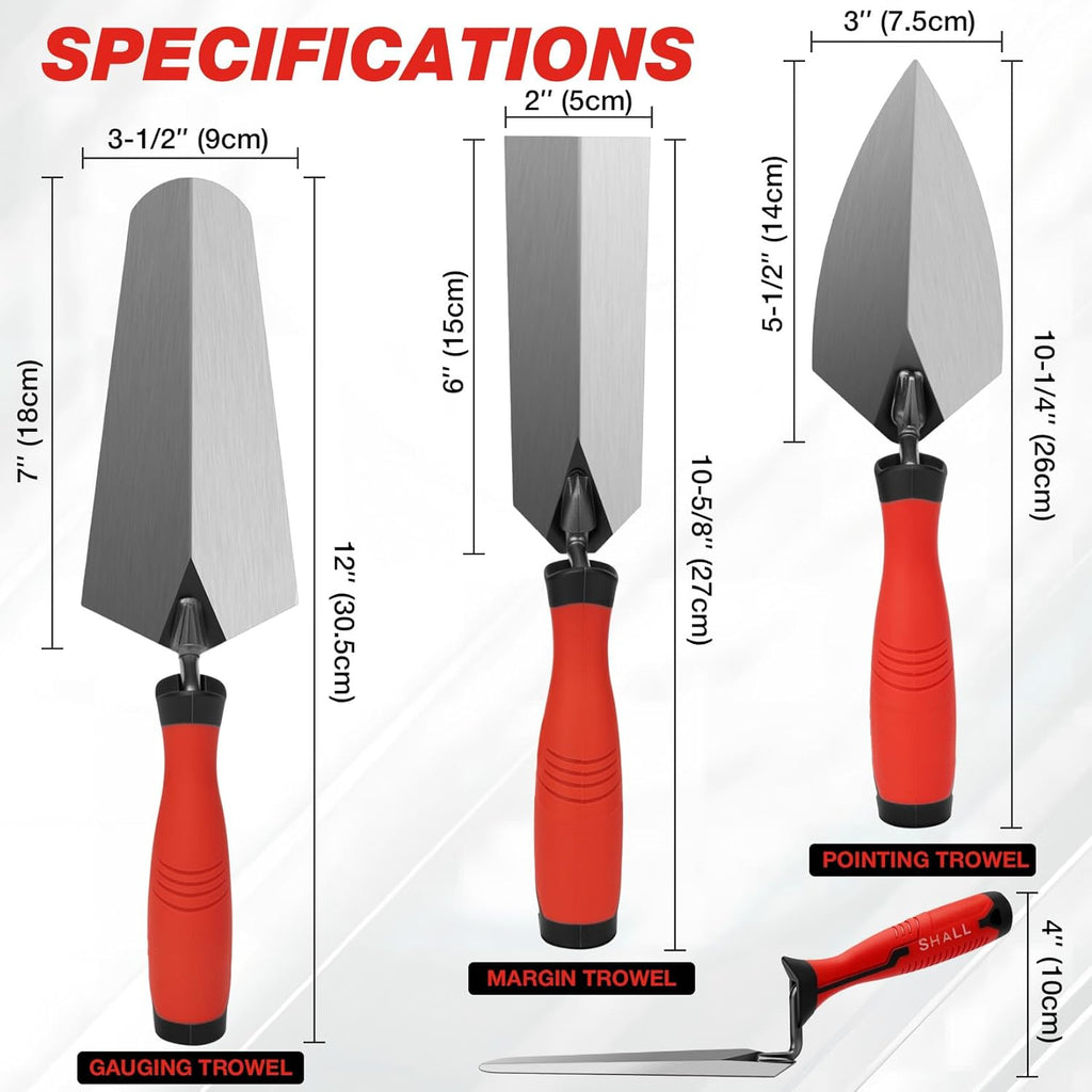 3-Piece Masonry Tools Set, 6’’ Margin Trowel, 5.5’’ Pointing and 7’’ Gauging Trowel with Soft Grip Handle