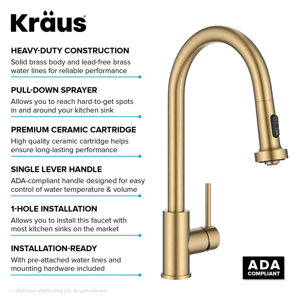 Bolden 2-Function Single Handle Pull Down Kitchen Faucet in Spot-Free Brushed Brass, KPF-1616BB