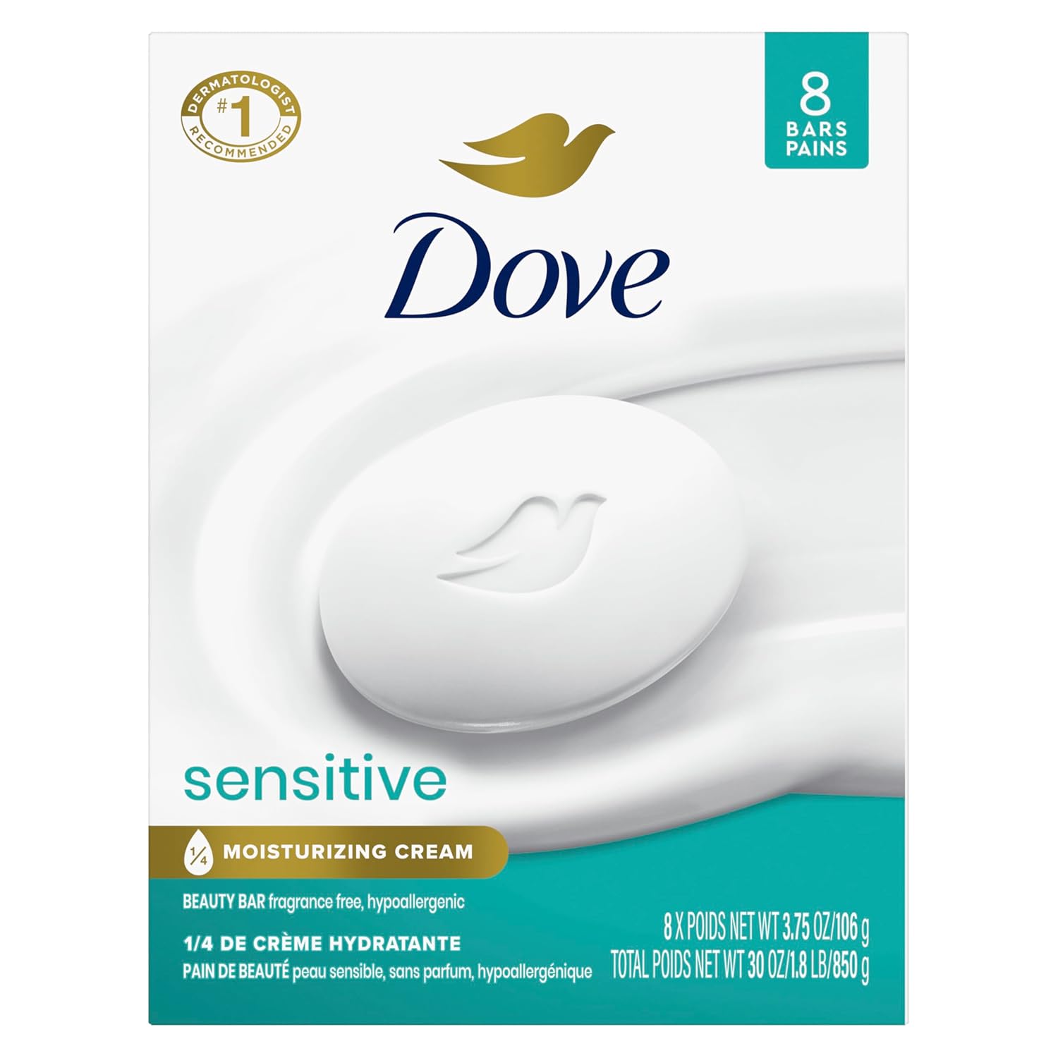 Beauty Bar Soap Sensitive, 8 Bars for Sensitive Skin, Fragrance Free and Hypoallergenic 3.75 oz